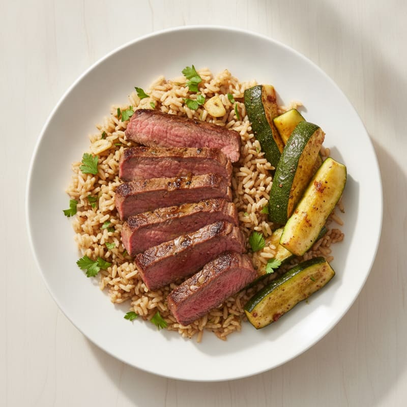 Seared Beef Strips with Herb Rice and Roasted Zucchini