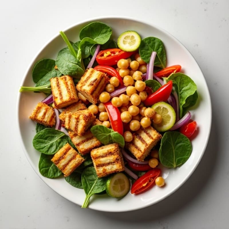 Roasted Vegetable and Crispy Chickpea Salad with Grilled Tempeh