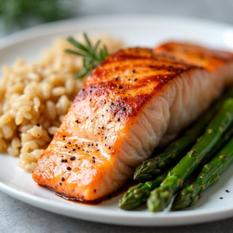 Seared Salmon with Steamed Asparagus and Brown Rice