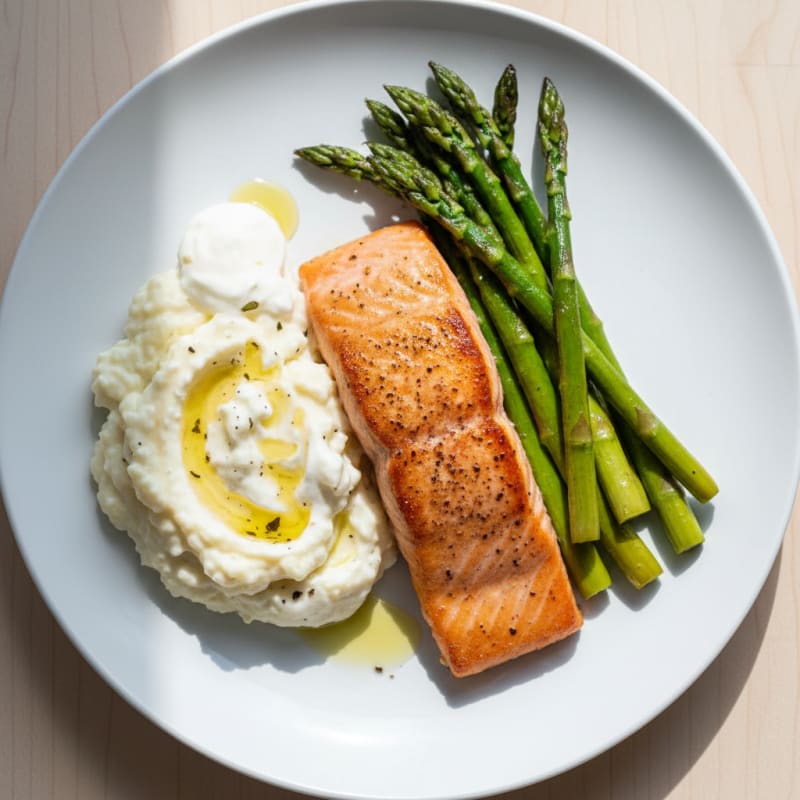 Seared Salmon with Roasted Asparagus and Garlic Mashed Cauliflower