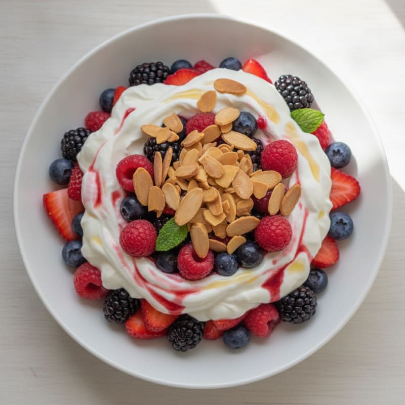 Greek Yogurt Protein Parfait with Mixed Berries and Almonds
