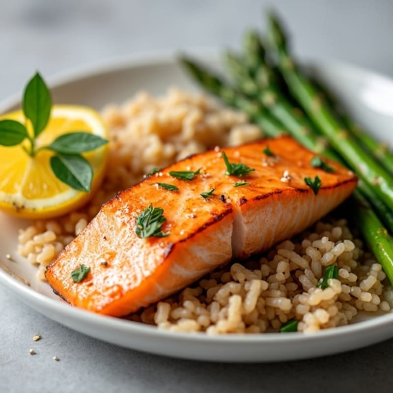Seared Salmon with Steamed Asparagus and Brown Rice
