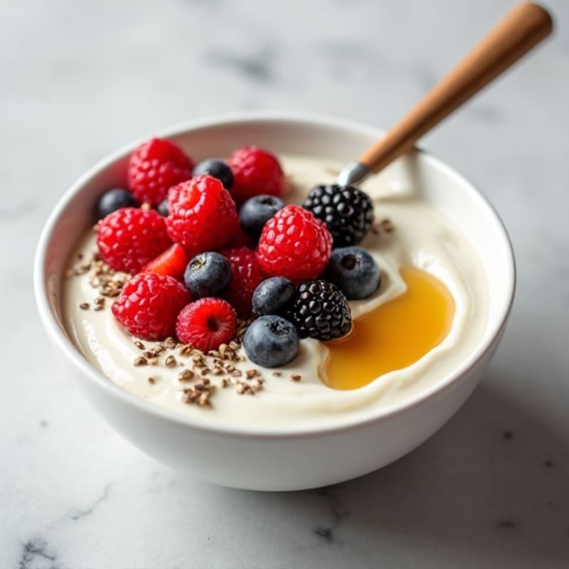 Silky Vanilla Protein Yogurt with Mixed Berries and Chia Seeds