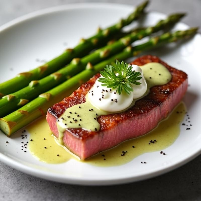 Pan-Seared Ahi Tuna with Creamy Wasabi Drizzle and Crispy Roasted Asparagus