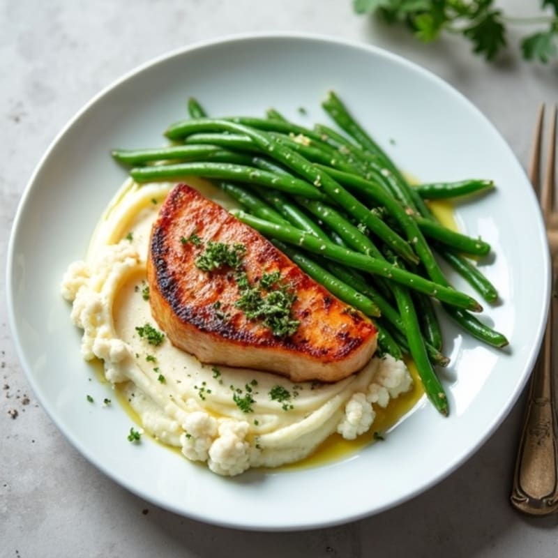 Seared Tuna Steak with Herb-Cauliflower Mash and Steamed Green Beans