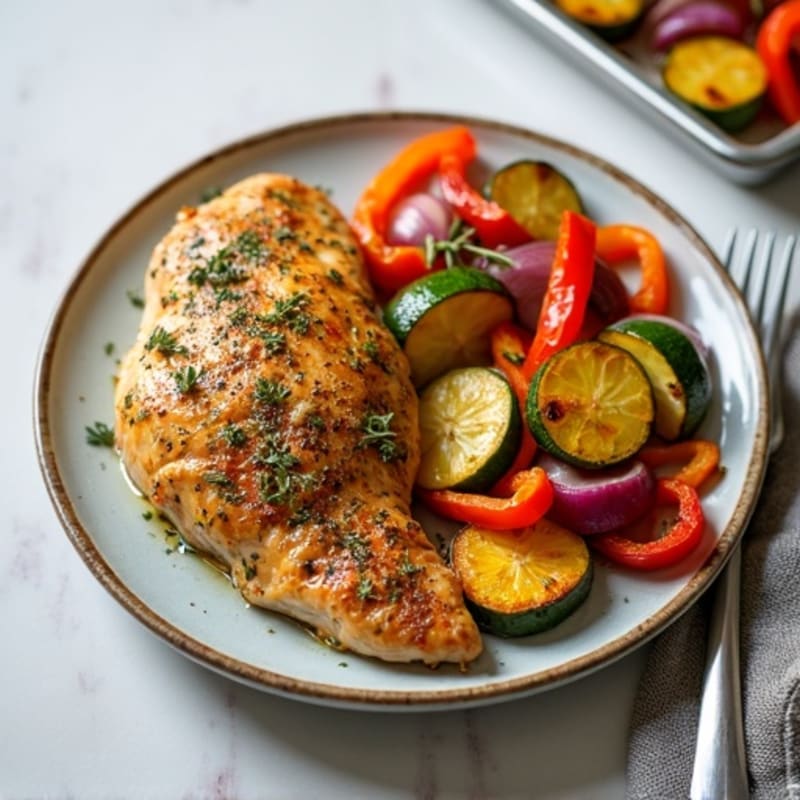 Herb-Crusted Sheet Pan Chicken with Roasted Rainbow Vegetables