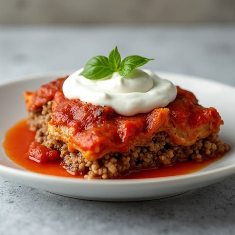 Hearty Lean Ground Beef and Roasted Eggplant Bake with Creamy Topping