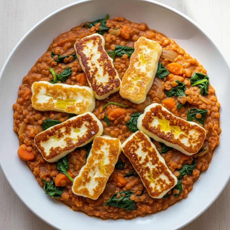 Silky Lentil and Vegetable Stew with Seared Halloumi