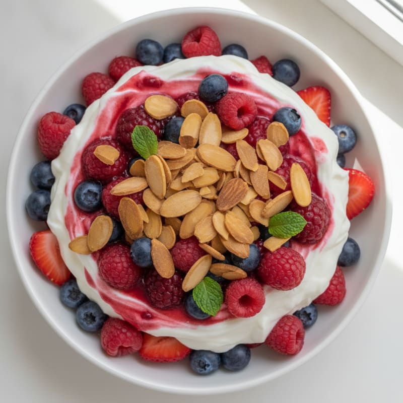 Greek Yogurt Protein Parfait with Mixed Berries and Almonds