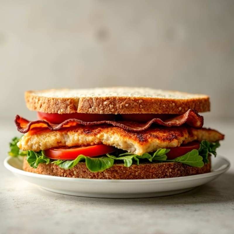 Grilled Chicken and Crispy Turkey Bacon Sandwich with Fresh Tomato and Greens