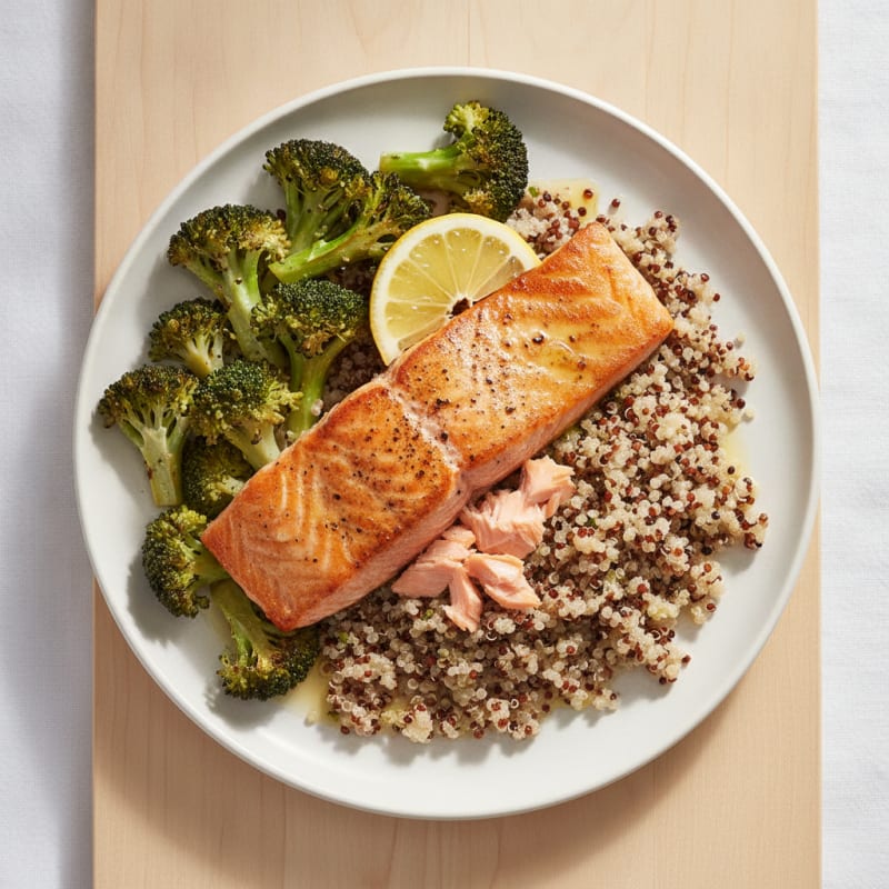 Seared Salmon Fillet with Roasted Broccoli and Quinoa