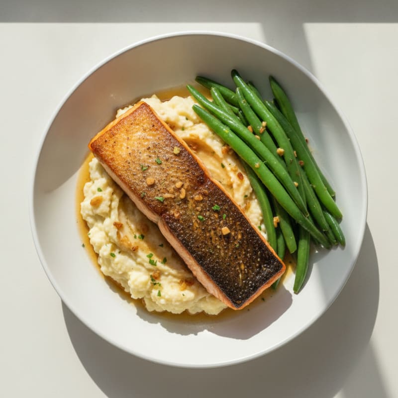 Seared Salmon with Steamed Green Beans and Garlic Mashed Cauliflower
