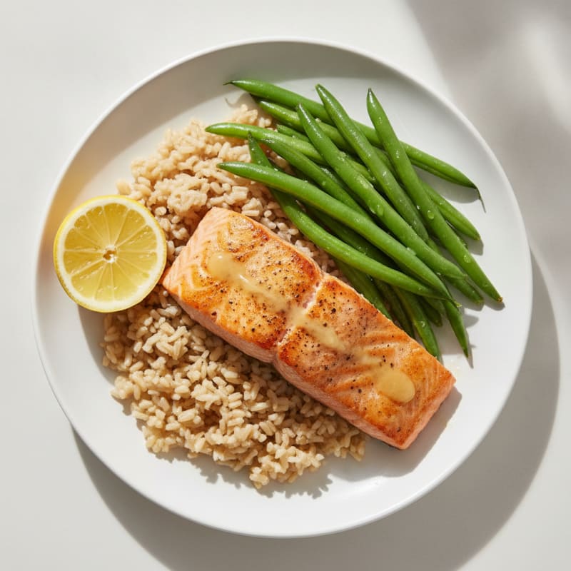 Seared Salmon Fillet with Steamed Green Beans and Brown Rice