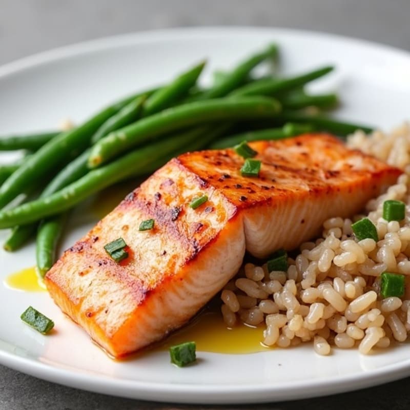 Seared Salmon with Steamed Green Beans and Brown Rice