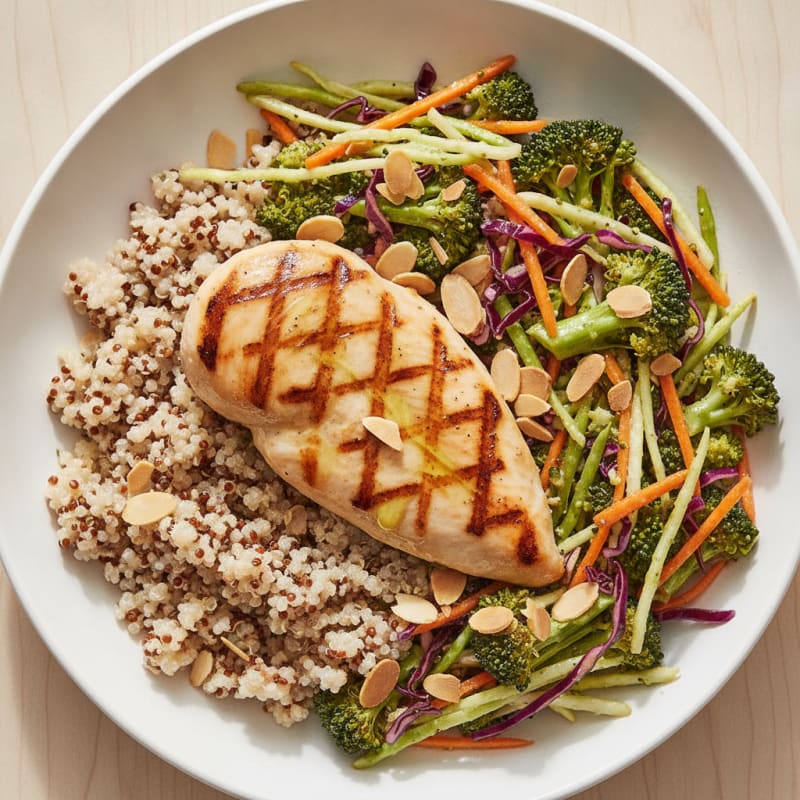 Grilled Chicken Breast with Quinoa and Crunchy Broccoli Slaw