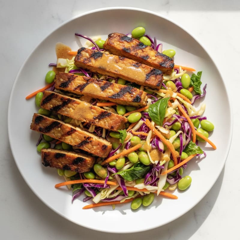 Grilled Tempeh with Crunchy Asian Slaw and Sesame Edamame