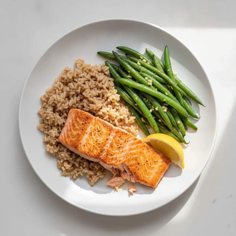Seared Salmon Fillet with Garlic Green Beans and Brown Rice
