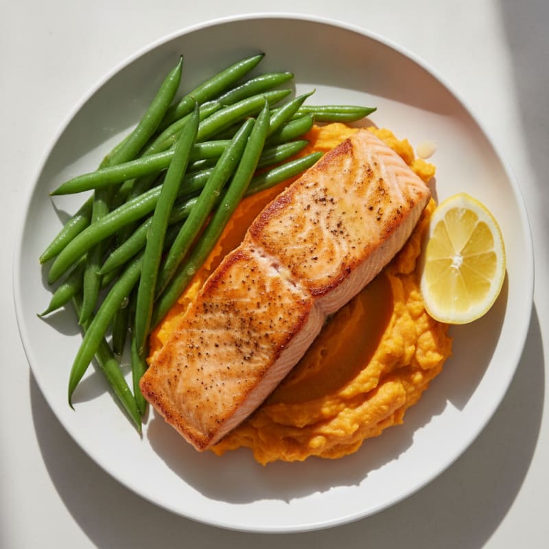 Seared Salmon with Steamed Green Beans and Mashed Sweet Potato