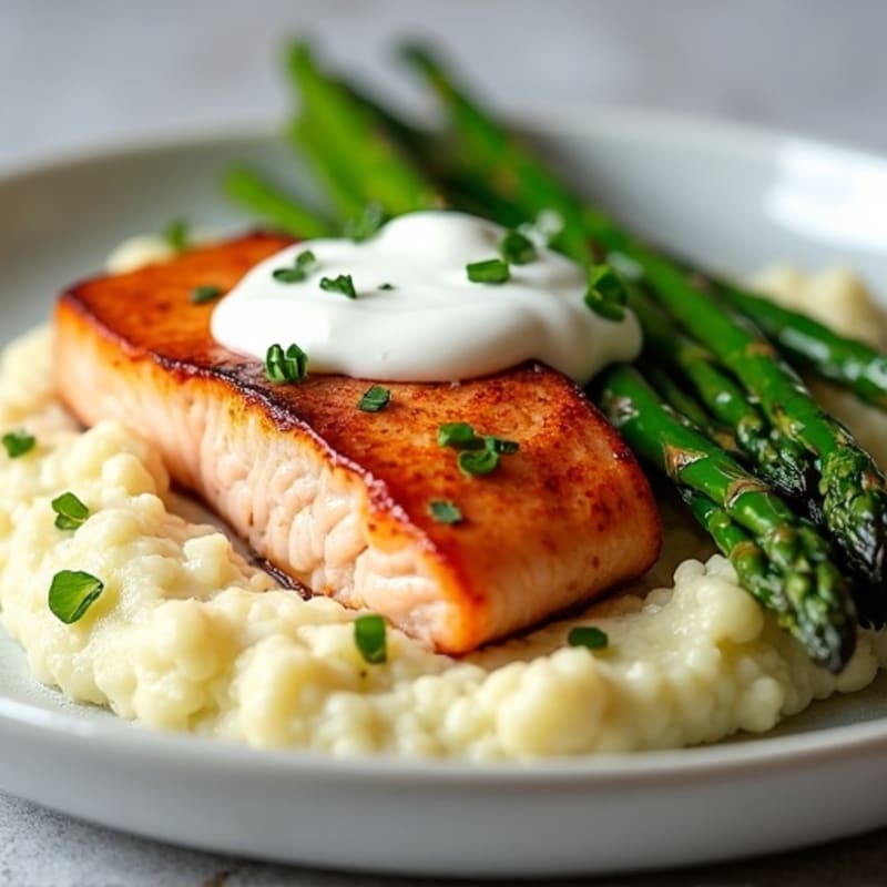 Seared Salmon with Roasted Asparagus and Cauliflower Mash