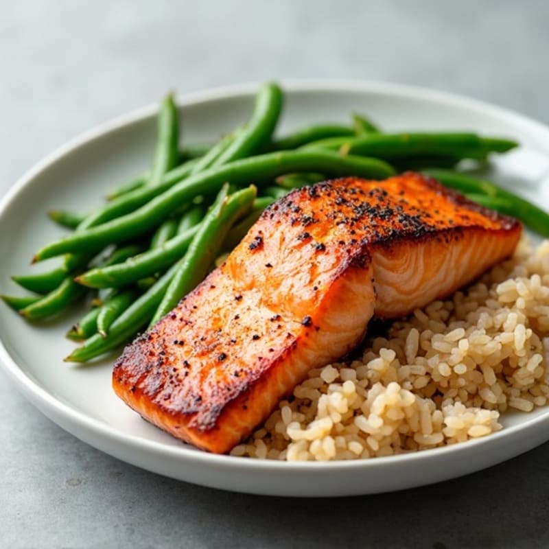 Seared Salmon Fillet with Steamed Green Beans and Brown Rice
