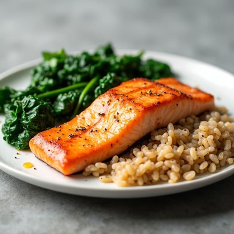 Seared Salmon Filet with Brown Rice and Sautéed Spinach