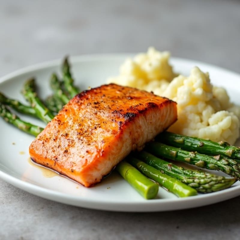 Seared Salmon with Steamed Asparagus and Cauliflower Mash