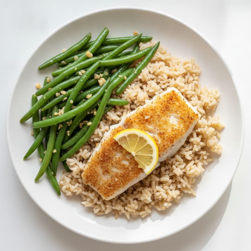 Seared Cod with Garlic Green Beans and Steamed Brown Rice