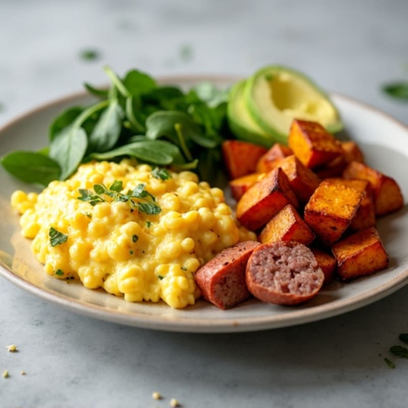 Egg White Scramble with Turkey Sausage and Roasted Sweet Potato