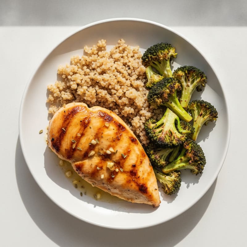 Grilled Lemon Herb Chicken Breast with Roasted Broccoli and Quinoa