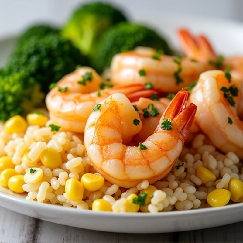Citrus-Garlic Shrimp with Corn Rice and Steamed Broccoli