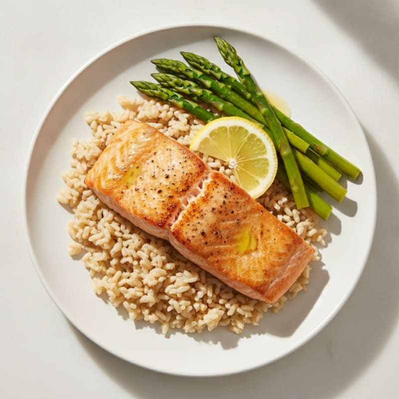 Seared Salmon with Steamed Asparagus and Brown Rice