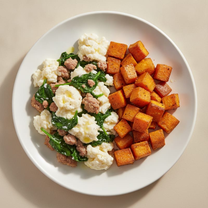 Egg White and Turkey Sausage Scramble with Spinach and Roasted Sweet Potatoes