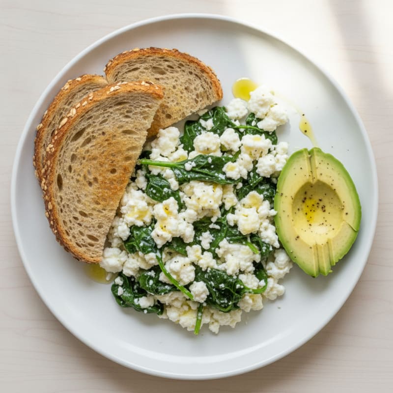 Scrambled Egg Whites with Cottage Cheese and Sautéed Spinach
