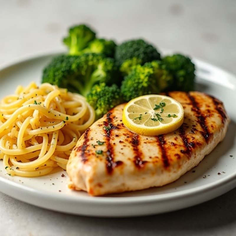 Grilled Lemon Herb Chicken with Protein Pasta and Roasted Broccoli
