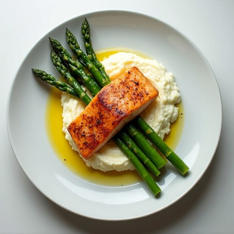 Seared Salmon with Asparagus and Cauliflower Mash