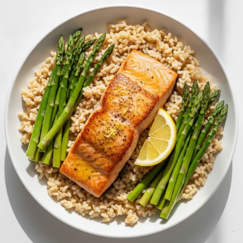 Seared Salmon with Steamed Asparagus and Brown Rice