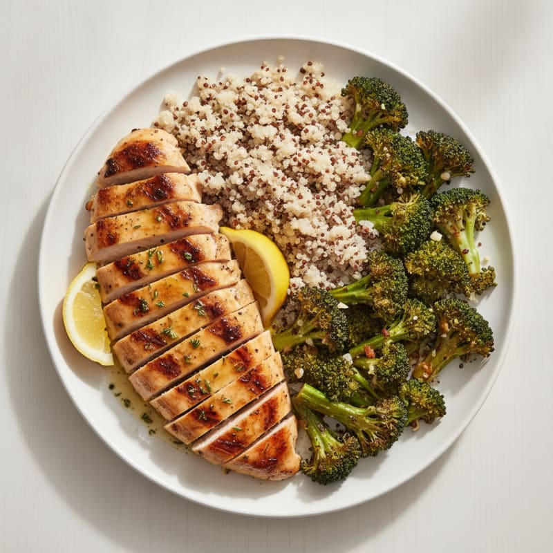 Grilled Lemon Herb Chicken Breast with Quinoa and Roasted Broccoli
