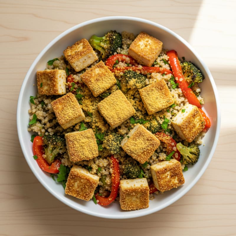 Crispy Tofu and Quinoa Power Bowl with Roasted Vegetables