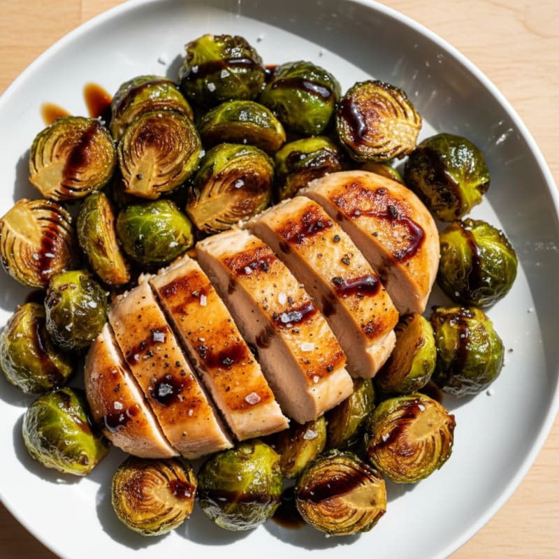 Crispy Balsamic Glazed Brussels Sprouts with Seared Chicken