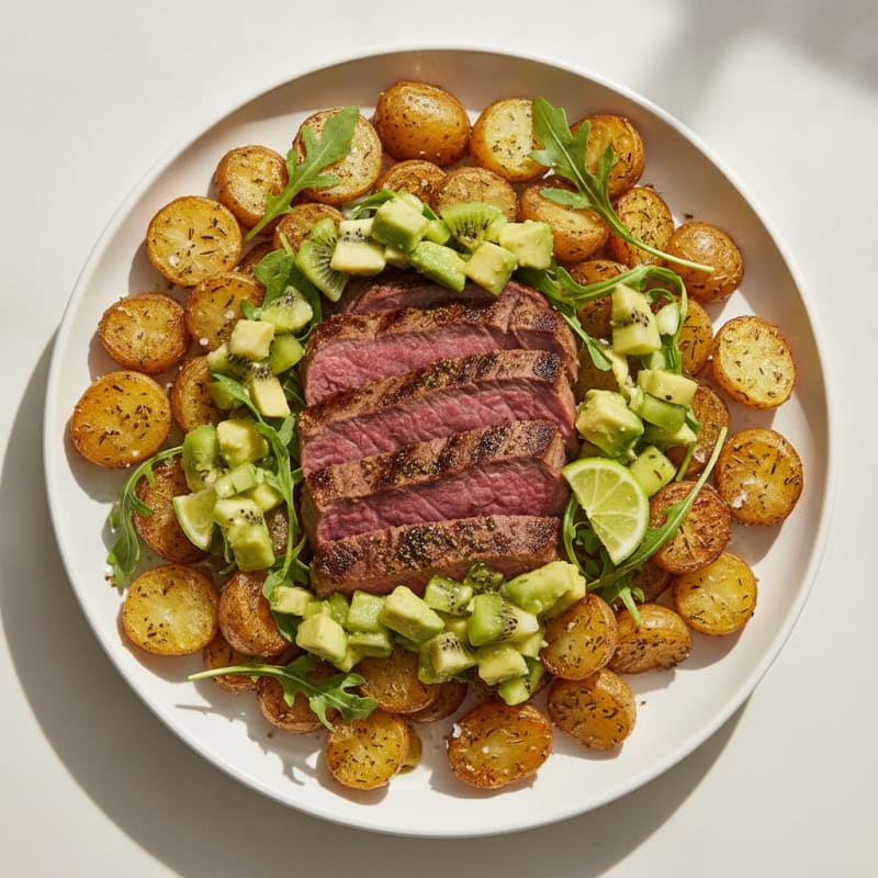 Herb-Roasted Beef with Crispy Potatoes & Kiwi-Avocado Salsa
