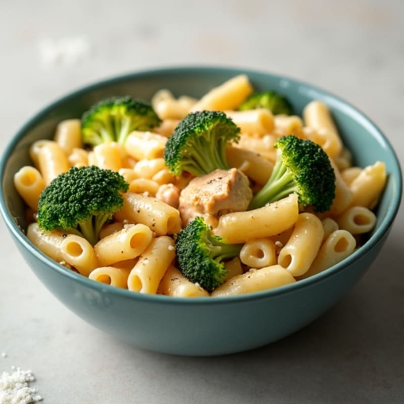 Creamy Baked Macaroni with Chicken and Roasted Broccoli
