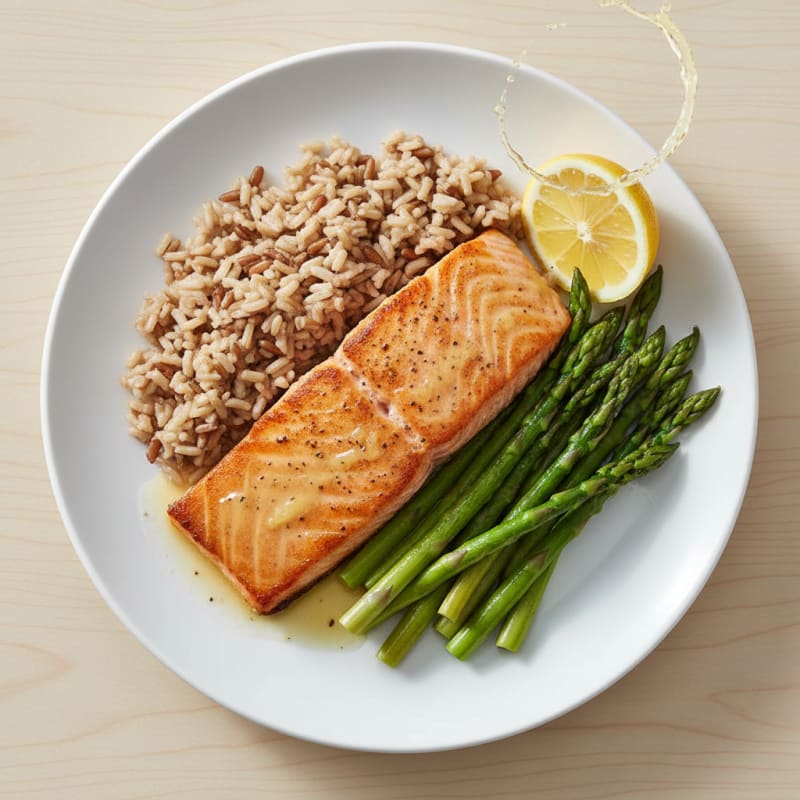 Seared Salmon Fillet with Steamed Asparagus and Brown Rice