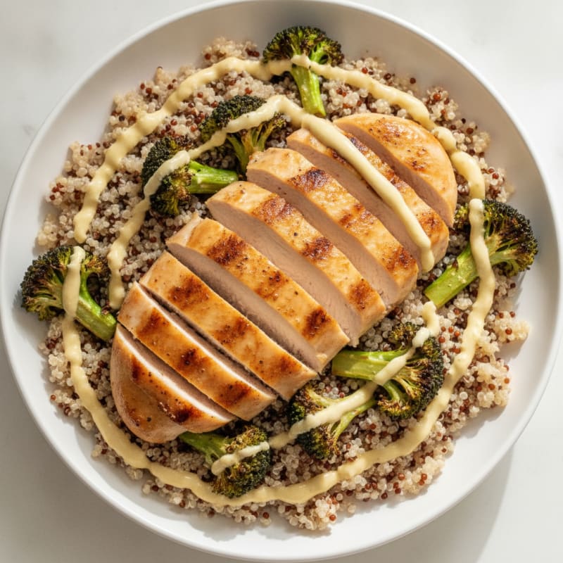 Grilled Chicken and Quinoa Bowl with Crunchy Broccoli and Lemon Tahini Drizzle