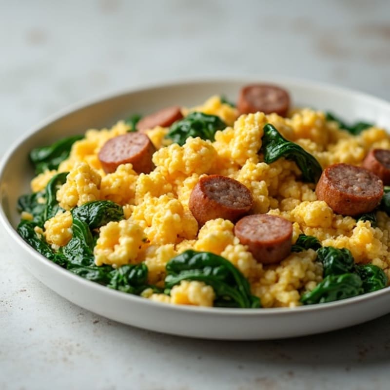 Egg White and Turkey Sausage Scramble with Sautéed Spinach