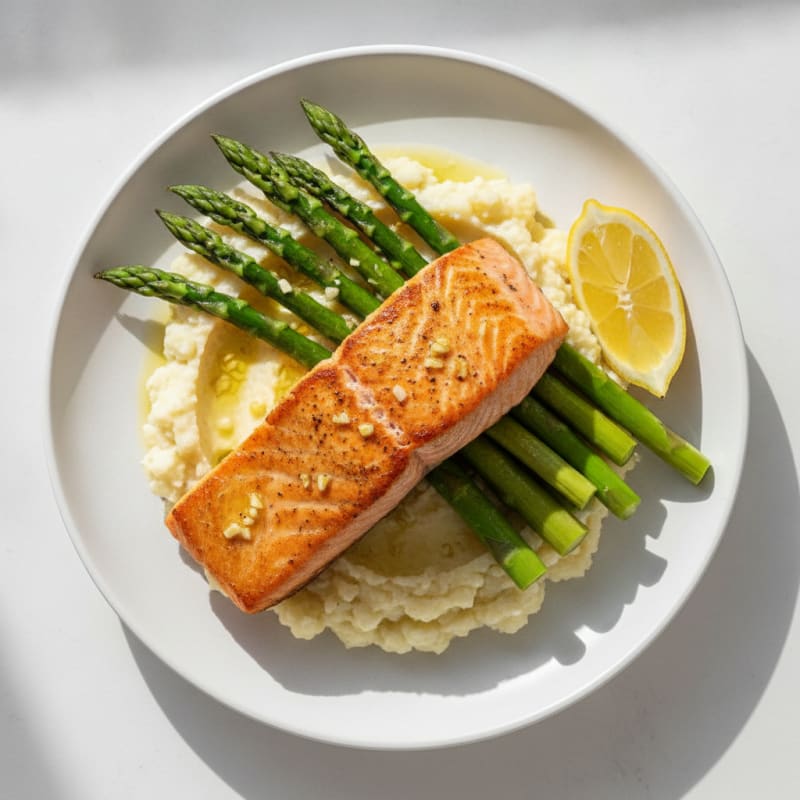 Seared Salmon with Steamed Asparagus and Cauliflower Mash