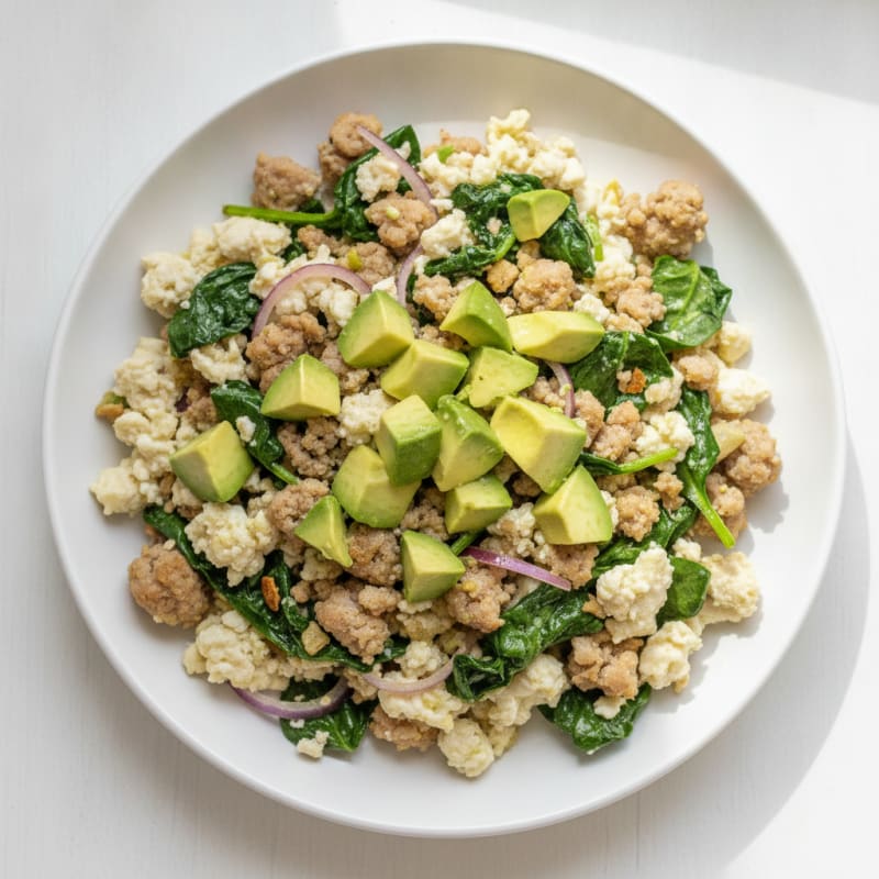 Egg White and Turkey Sausage Scramble with Sautéed Spinach