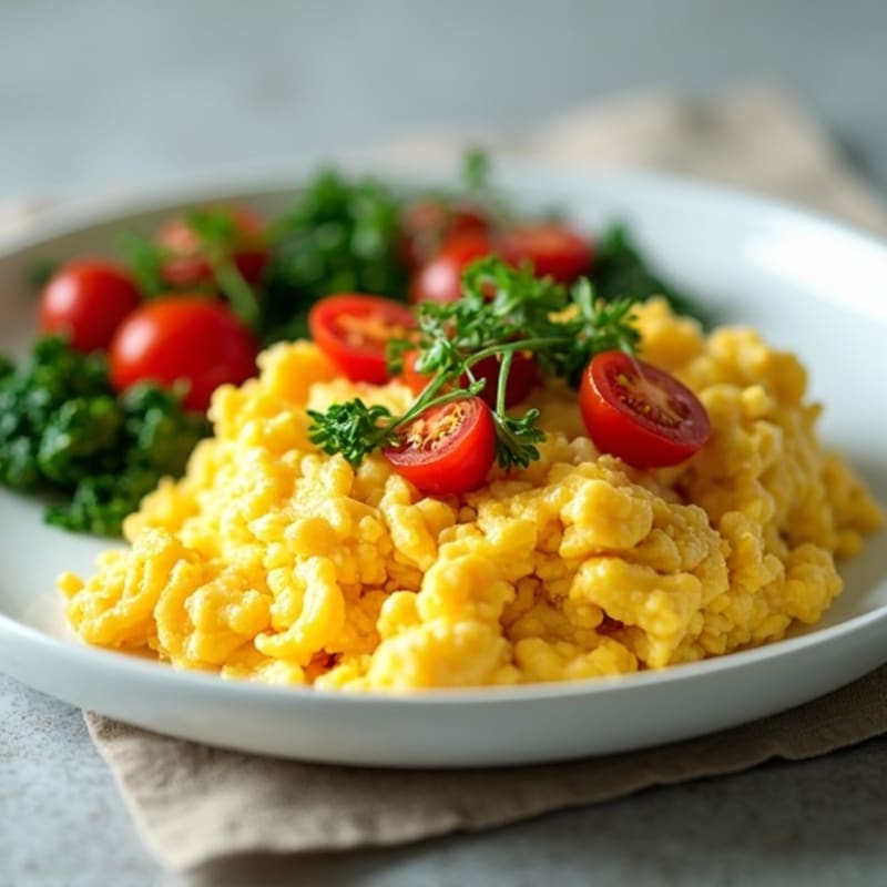 Quick Fluffy Scrambled Eggs with Sautéed Spinach and Cherry Tomatoes