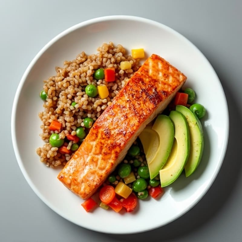 Seared Salmon with Brown Rice, Fresh Avocado, and Crunchy Sesame Vegetables