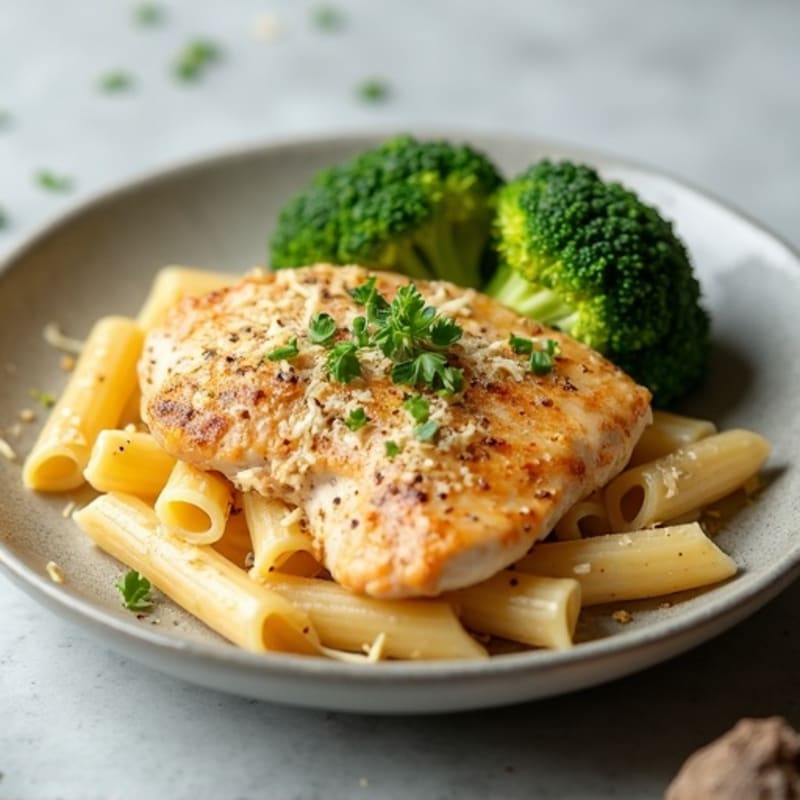 Creamy Garlic Parmesan Chicken Pasta with Roasted Broccoli