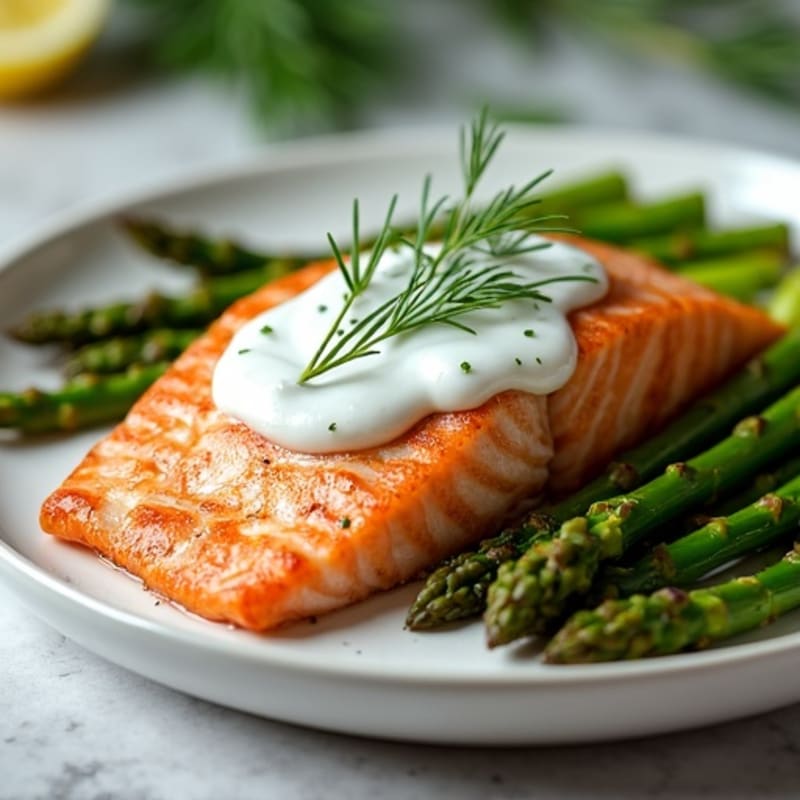 Pan-Seared Salmon with Creamy Dill Sauce and Roasted Asparagus